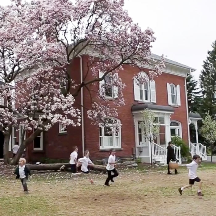 Children in the playground with the magnolia in full bloom behind them.